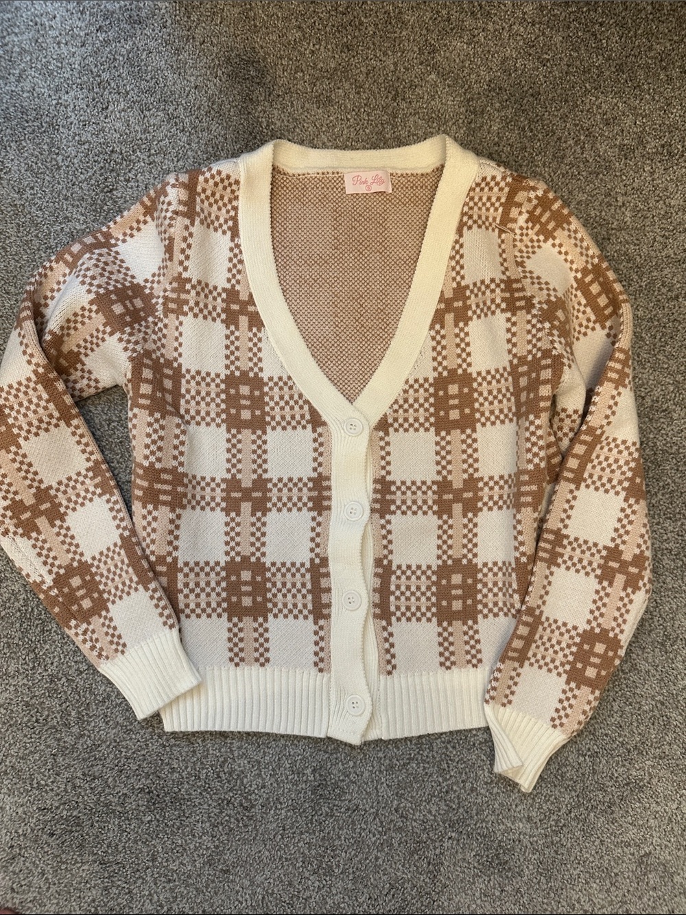 Cream and Tan Plaid V-Neck Button Cardigan